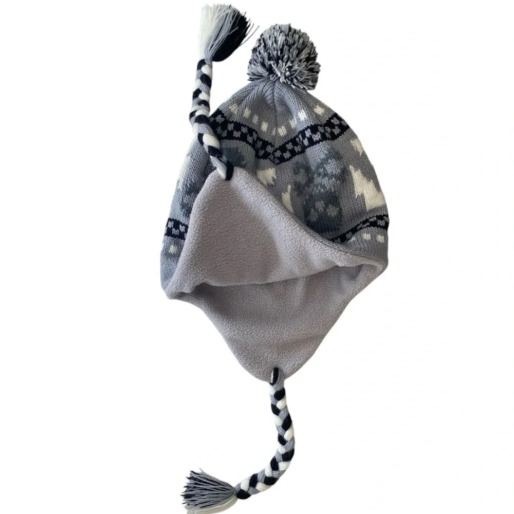 WINTER POMPOM HAT Fleece Lined Skull & Bone Grey White Black Braided Tassels